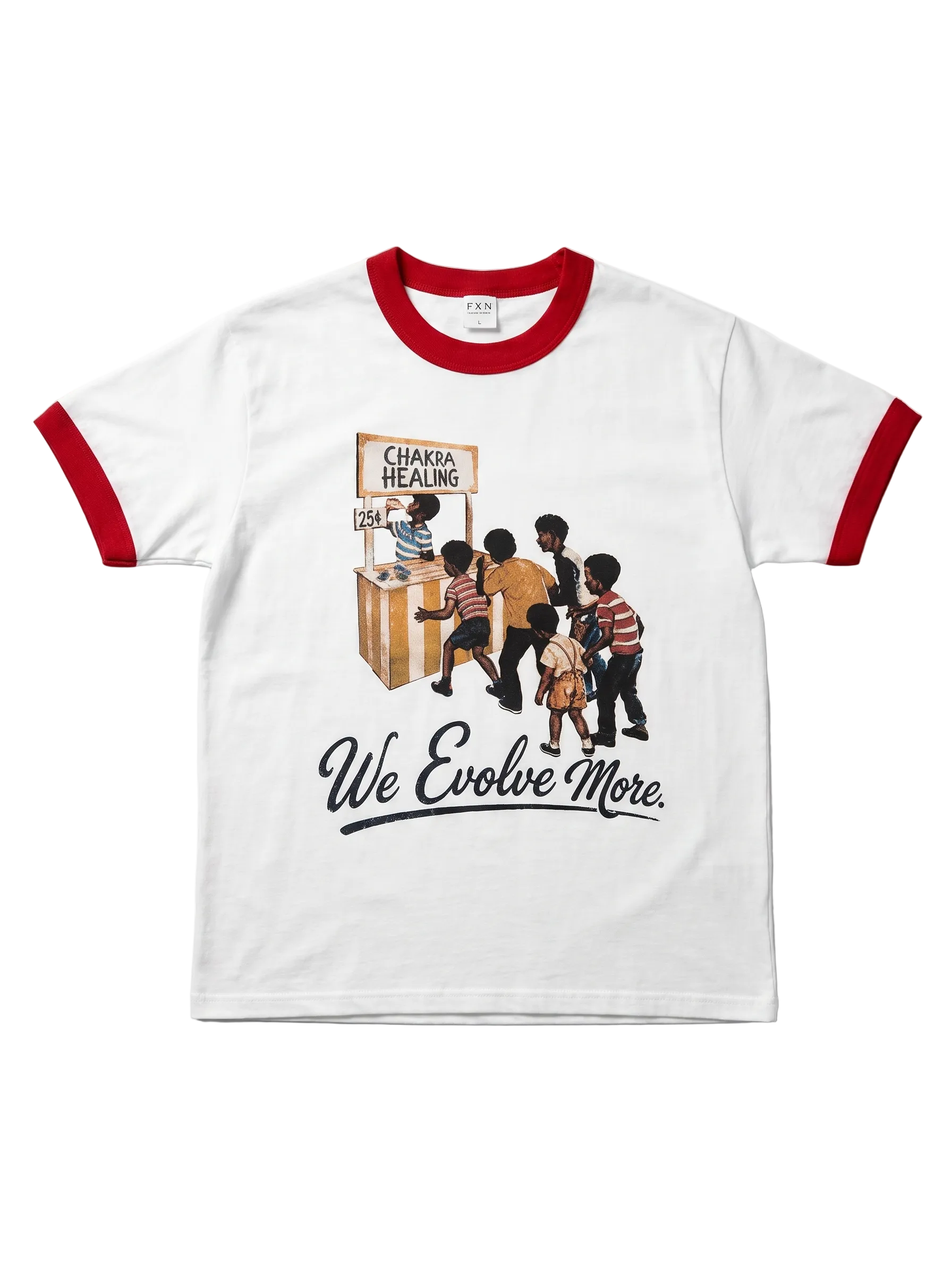 White t-shirt with red ringer sleeves featuring a graphic and text on a white background